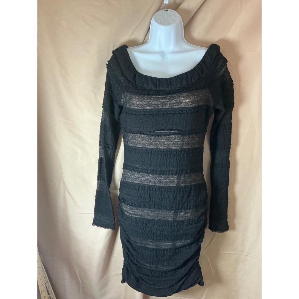 BCBGMAXAZRIA Bodycon Dress Womens Medium Black Excellent Lace Ruffle Striped - Picture 3 of 12